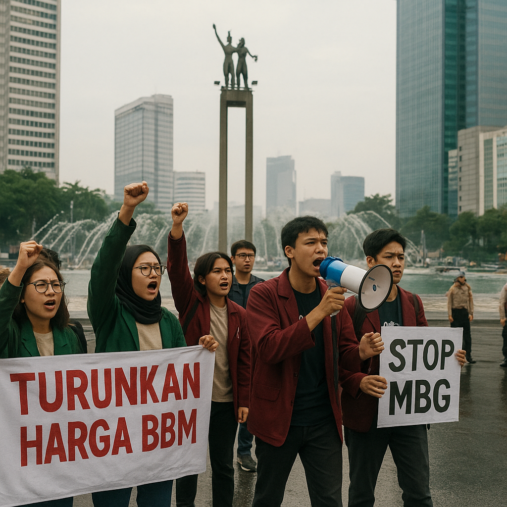 Mahasiswa Gelar Aksi di Bundaran HI, Bawa Tuntutan Turunkan Harga BBM hingga Setop MBG